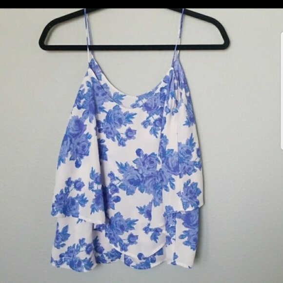 Paper Crane Romantic Going Out Blue And White Floral Tiered Tank Top Small - Picture 4 of 6